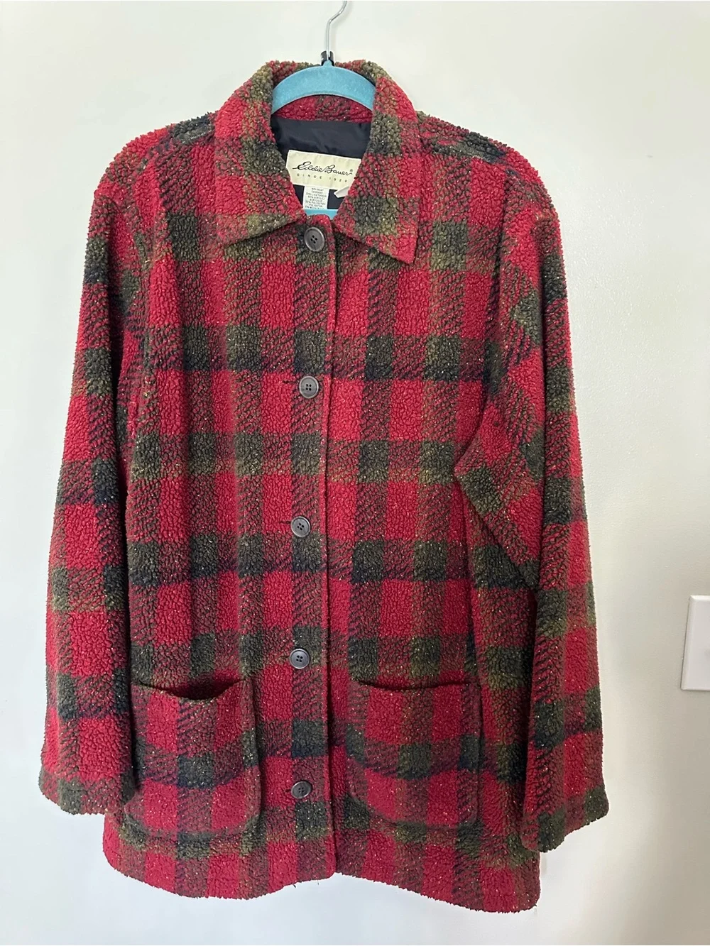 Eddie Bauer Red and Green Plaid Teddy Jacket